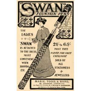   Swan Fountain Pens Attach at Dress   Original Print Ad