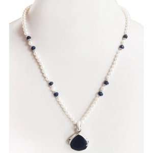 Single Strand Elegant Natural Pearl & Sapphire Beaded Necklace with 