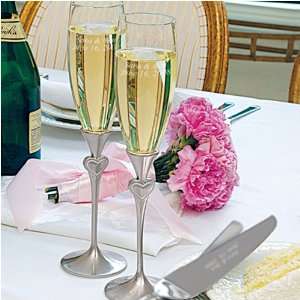 Pearl Heart Toasting Flutes with Brushed Silver Stems  