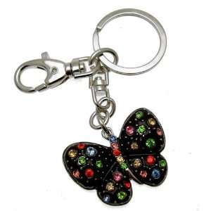   Multi Coloured Crystal   Black Butterfly Bag Charm / Keyring Jewelry