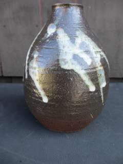 Studio art pottery redware vase brown white drip stoneware signed KMC 
