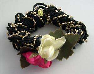 12 HAIR SCRUNCHIES BLACK AND WHITE W/ GOLD TRIM & ROSES  
