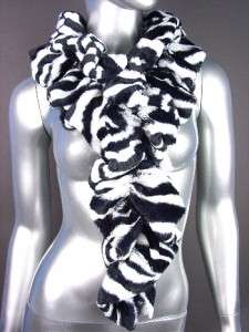   Zebra Pattern Faux Fur Ruffles Elastic Pull Through Long Wrap Scarf