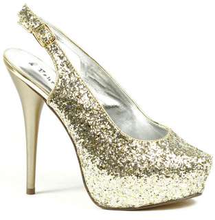 Gold Glitter High Heel Slingback Platform Pump 5.5 us  