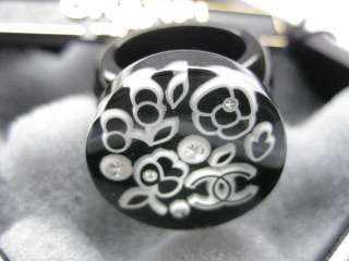 AUTH CHANEL BLACK WHITE CAMELLIA FLOWER CC CRYSTAL RING  