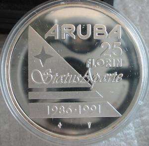 ARUBA 25 Florin 1991 Silver Proof Independence  