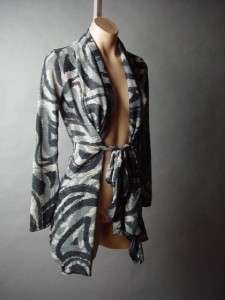 Abstract Pattern Wrap Open Tie Front Long Blk Gry Sweater Knit Duster 