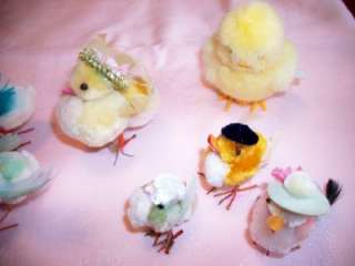 Vintage Easter Decorations`Chenille Chicks w/Wire Feet  