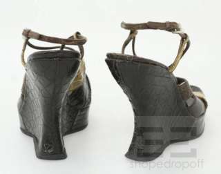Prada Dark Brown & Olive Green Crocodile Skin Platform Wedge Sandals 