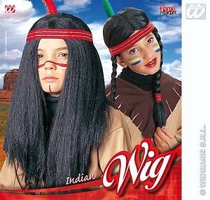 Perücke Kinder Indianer Kostüm Mädchen Jungen schwarz Wig mit Feder 