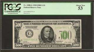 Rare Light Green Seal 1928 $500 Dollar Bill Note Chicago District PCGS 