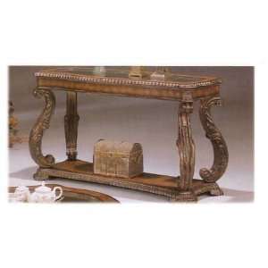 HAND CARVED ANTIQUE FINISHSOFA TABLE WITH GLASS INLAY 