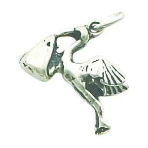  Sterling Silver Antiqued Stork & Baby Charm Jewelry