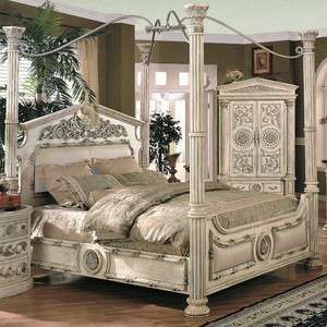   Formal Antique Whitewash King Leather Poster Canopy Bed NEW  