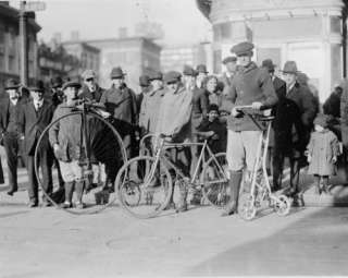   Men with three types of bicycles. Bicycles & tricycles , 1910 1930