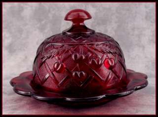 RUBY RED GLASS Large ROUND DOMED BUTTER DISH ~ CHERRY & LATTICE DESIGN 