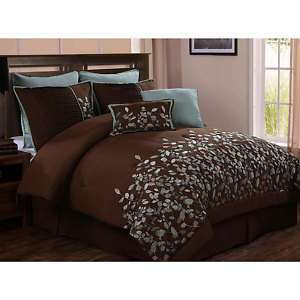 Embroidered Leaves 8 piece Chocolate Brown Comforter Set ALL SIZES