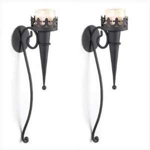   Set of 2 Gothic Black Torch Iron Wall Candle Sconces 