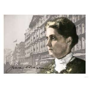 Social Reformer Jane Addams Against a Photo of Downtown Chicago in the 