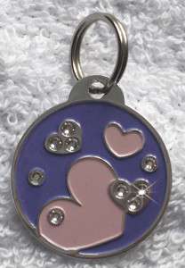 Custom Engraved Pet/Dog/Cat ID Collar Tag   Pink n Purple Heart Charm 