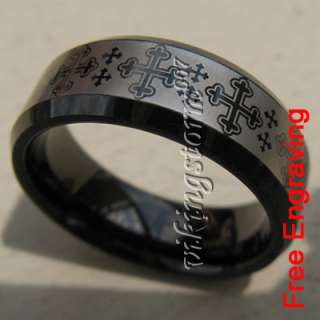custom engrave mens cross black tungsten wedding ring  
