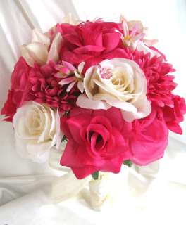 Wedding Bouquet Bridal Silk flowers FUCHSIA IVORY PINK ORCHID 4 pc 