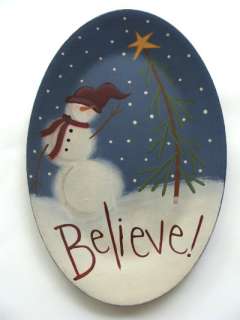 Primitive Country Snowman with Christmas Tree & Believe Plate DEFECTS 