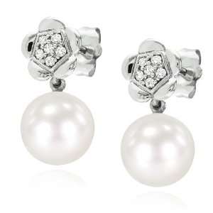   Pearl and Diamond Ear Pin Earrings, (0.14 cttw, G H Color, I3 Clarity