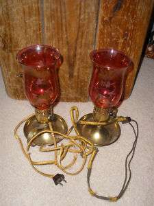 Set of 2 Vintage Cranberry Glass Brass Electric Lamps  