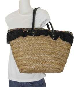   CHARM CUTE TAN & FLORAL BLACK LACE STRAW MARKET LARGE TOTE BAG  
