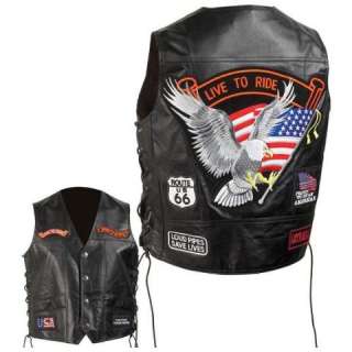 Solid Genuine Leather Motorcycle Vest, USA Patches, New  
