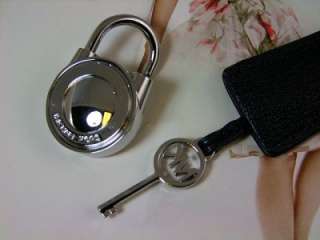 New Michael Kors Silver Chrome MK Logo Lock & Key + Black Leather 