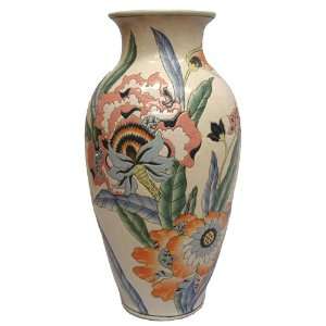  Floral design flower vase / jar, peach, mauve, greens 