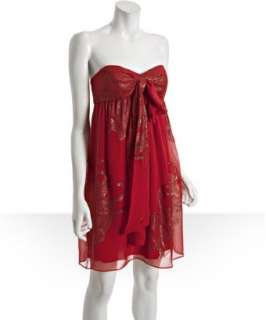 Nicole Miller red floral chiffon bow detail strapless dress   