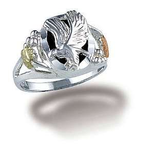  Landstroms Ladies Silver Onyx Ring with Eagle and Gold 