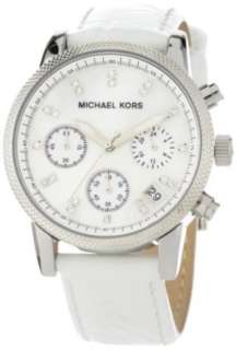  Michael Kors Watches White Leather Chronograph with Stones 
