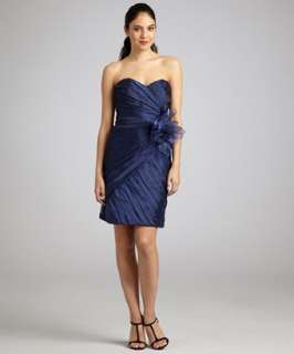 Theia marina blue pleated organza strapless cocktail dress  BLUEFLY 