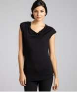 Three Dots black jersey padded shoulder cowl neck top style# 312667501