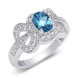   London Blue Topaz & White CZ Size 6 Gemstone Ring in Sterling Silver