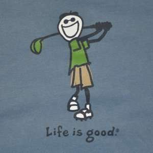Life Is Good Mens Crusher Short Sleeve T shirts: Casual Golf on Blue 