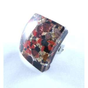   Black Gold Curved Venetian Murano Glass Adjustable Ring Jewelry
