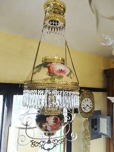   Oil Parlor Hanging Lamp Chandelier Prisms Hand Painted Floral  