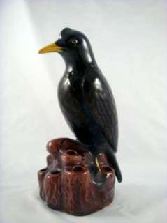 Vintage Ceramic Pottery Black Crow Raven Bird Figurine Hat Pin Holder 