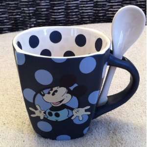   Disney Park Mickey Mouse Blue Polka Dot Mug w Spoon 