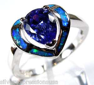 Tanzanite and Blue Fire Opal Inlay 925 Sterling Silver Heart Ring size 